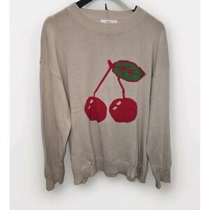 Talulah Women's Cherry Graphic Sweater Beige Distressed Hem Oversized Cotton L